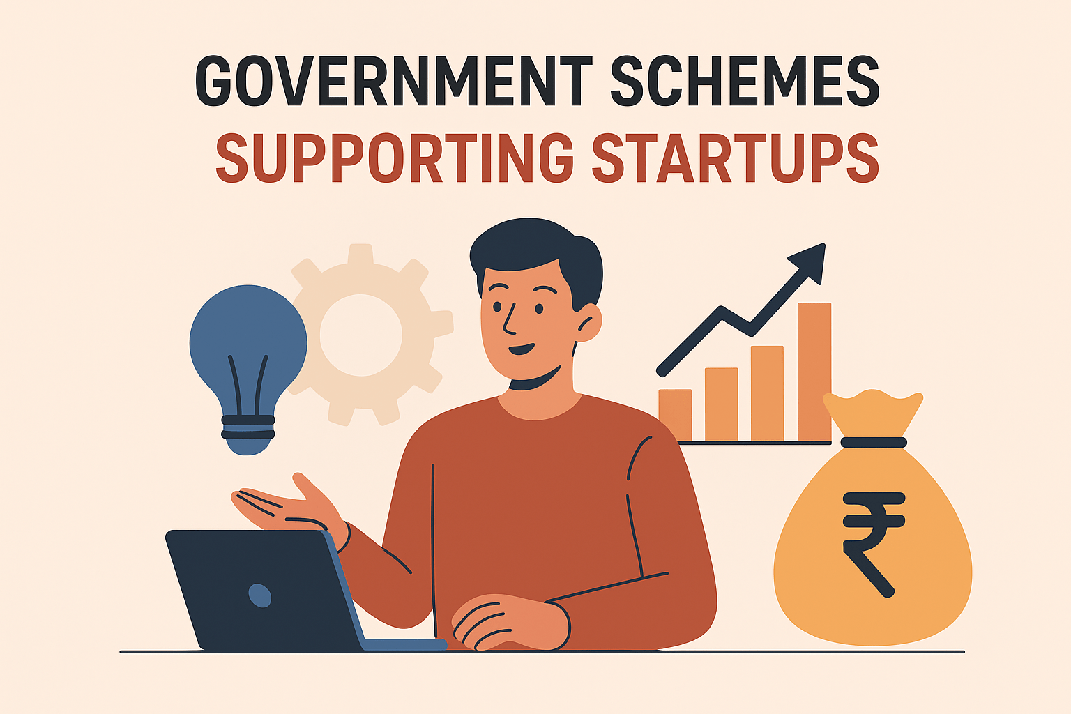 Infographic illustration showing various Indian government schemes that support startups, such as Startup India, Stand-Up India, Atal Innovation Mission, and MSME initiatives.