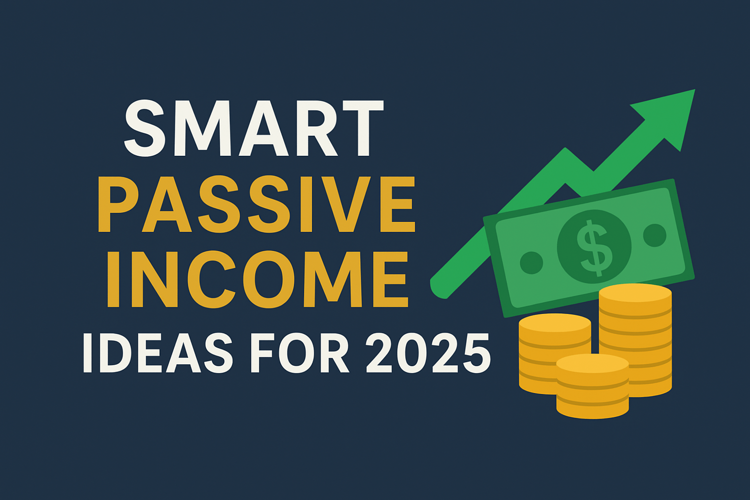 Passive income ideas illustrated with modern digital finance icons like coins, charts, and investment symbols.