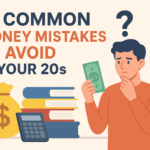 Illustration of a young adult looking worried about money with a dollar bill, calculator, books, and coins, representing common money mistakes to avoid in your 20s.