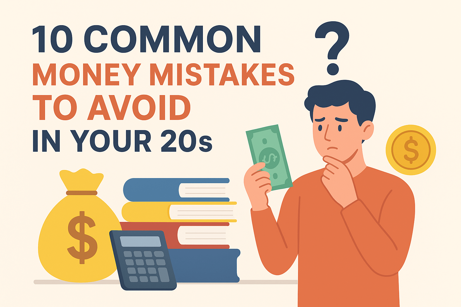 Illustration of a young adult looking worried about money with a dollar bill, calculator, books, and coins, representing common money mistakes to avoid in your 20s.