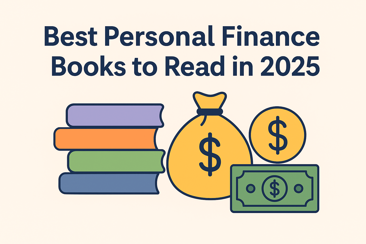 Stack of colorful books and money symbols representing the best personal finance books to read in 2025