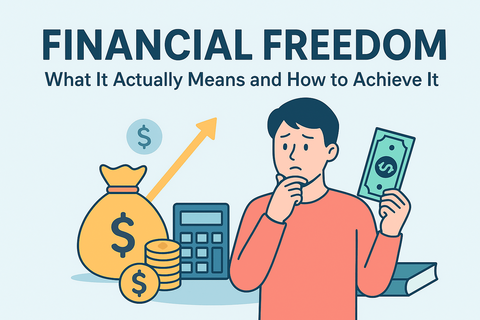 Illustration showing a young man holding cash with a calculator, coins, and a money bag, symbolizing financial freedom and wealth management.