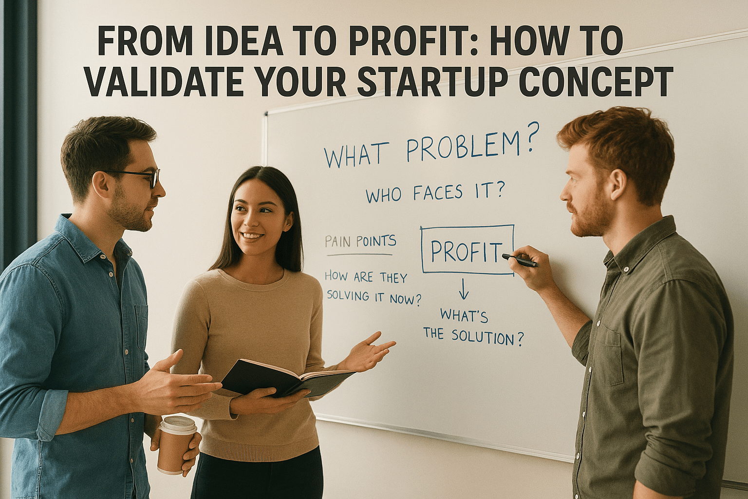 Startup founders discussing ideas and validating a business concept on a whiteboard with the title From Idea to Profit.